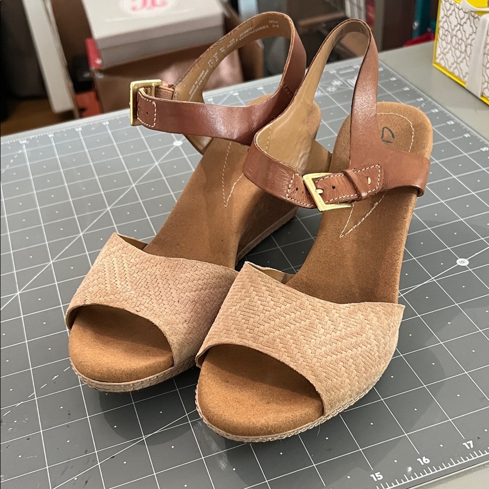 Clarks Tan and Brown Wedge Sandals